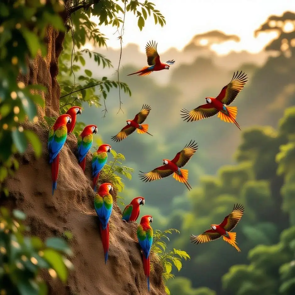 Macaws gather at a clay lick in the Peruvian Amazon at dawn