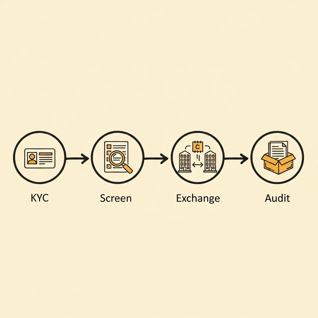 Hand-drawn four-step Travel Rule process with minimal one-word labels
