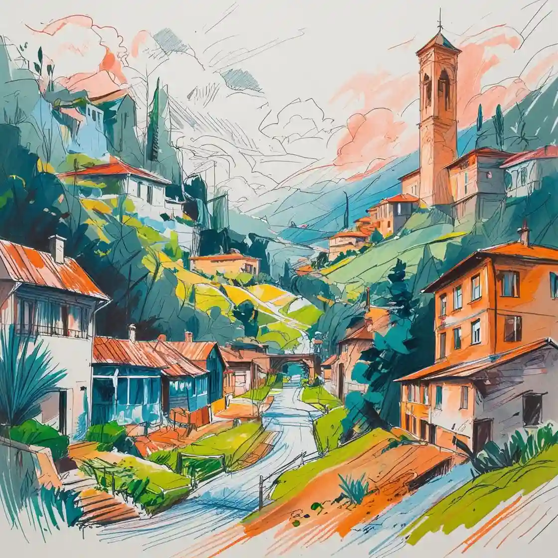 Illustrated hillside town with a church tower and winding main street, symbolizing urban–rural connections, local infrastructure, and sustainable regional development