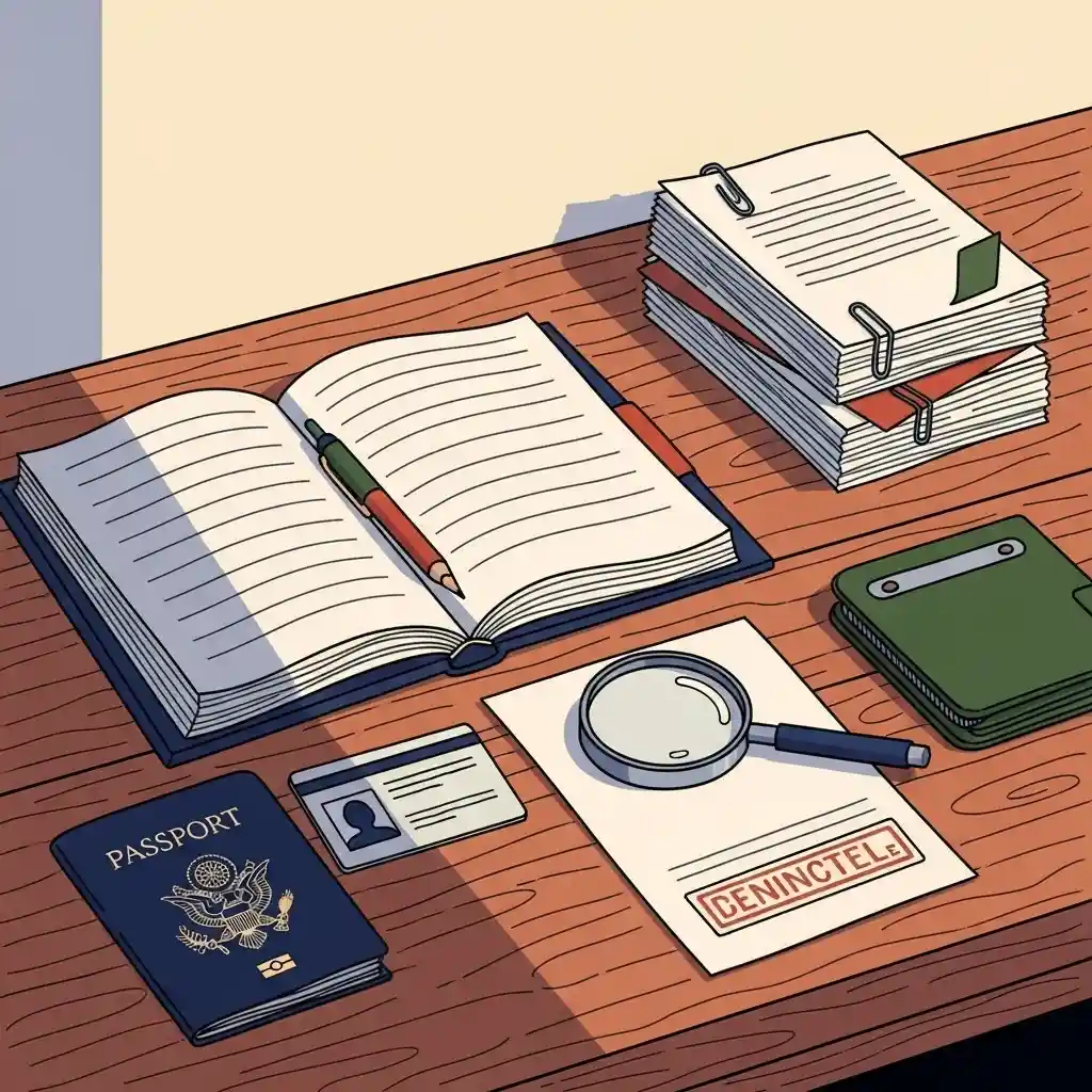 Hand-drawn compliance desk with ledger, ID, magnifier, stamped documents and a wallet.