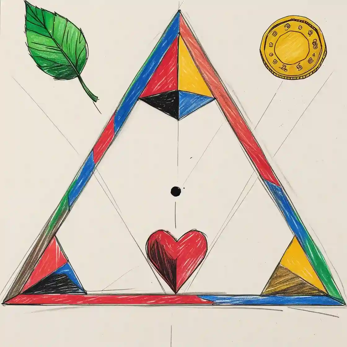 Triangle balancing leaf, heart, and coin to show ethics, ecology, economy, risks limits for interactions in Ayahuasca