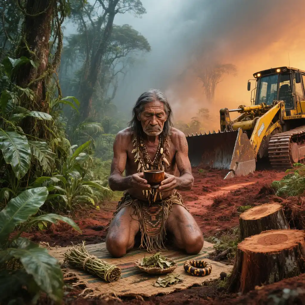 Elderly Amazonian shaman holding a ceremonial cup of ayahuasca in the jungle while a bulldozer clears land, symbolizing conflict between tradition and modernization